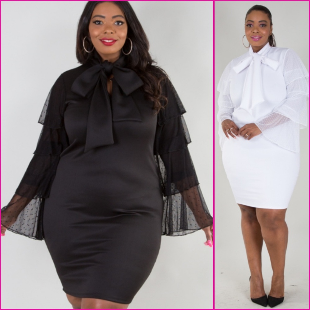 3X Plus Size Black stunning cascade  necktie dress